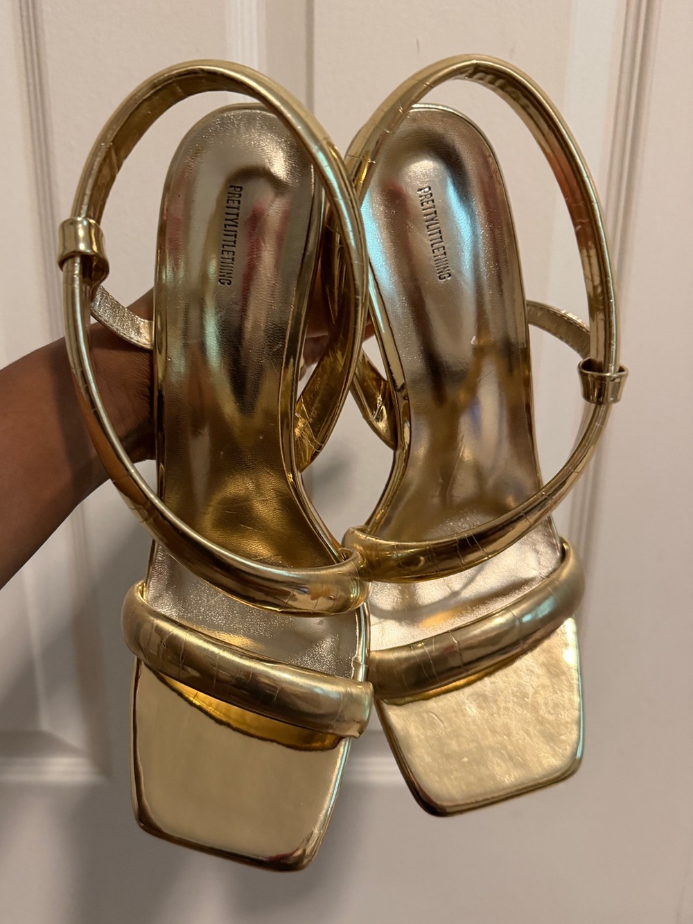 Prettylittlething Gold Metallic Square-Toe Slingback Heels
